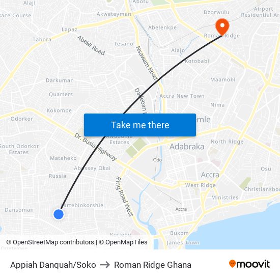 Appiah Danquah/Soko to Roman Ridge Ghana map