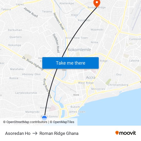 Asoredan Ho to Roman Ridge Ghana map