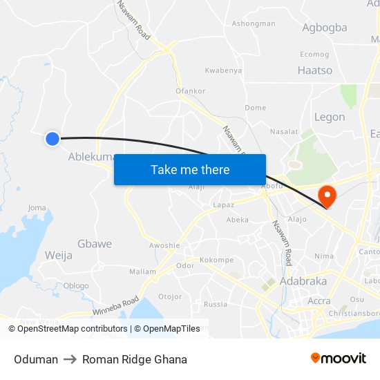 Oduman to Roman Ridge Ghana map