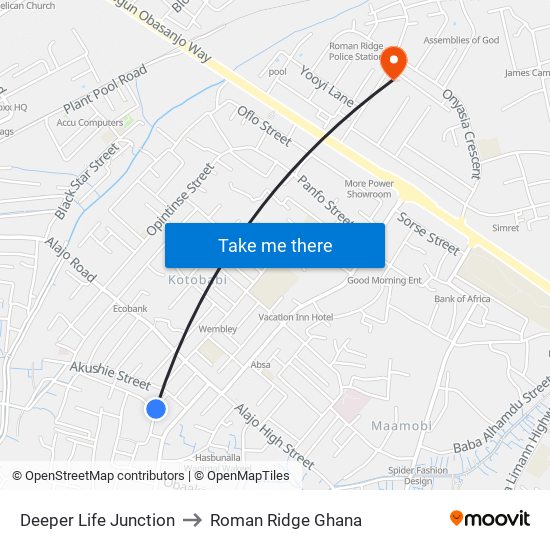 Deeper Life Junction to Roman Ridge Ghana map