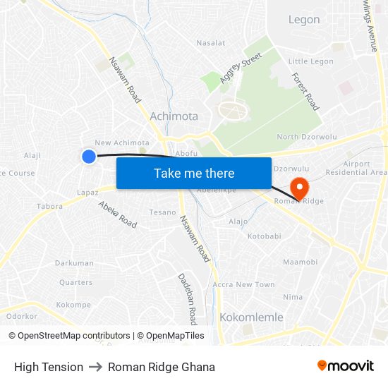 High Tension to Roman Ridge Ghana map