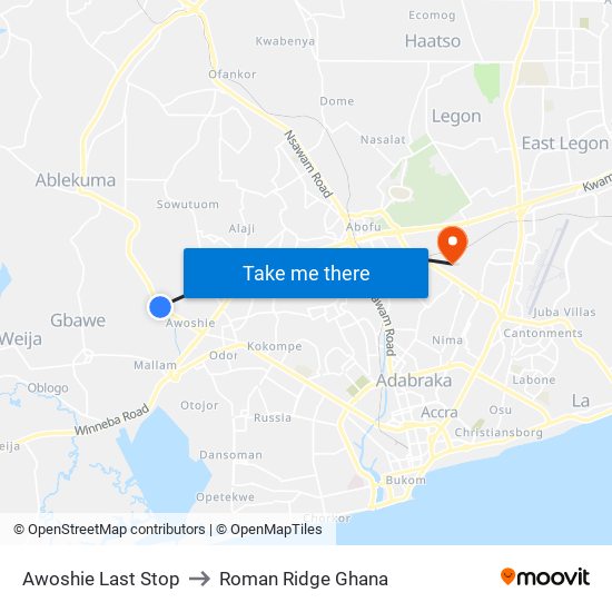 Awoshie Last Stop to Roman Ridge Ghana map