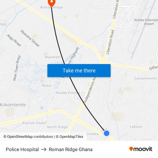 Police Hospital to Roman Ridge Ghana map