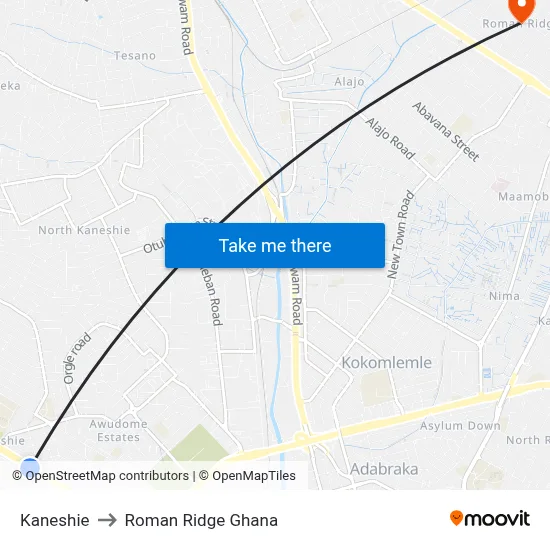 Kaneshie to Roman Ridge Ghana map