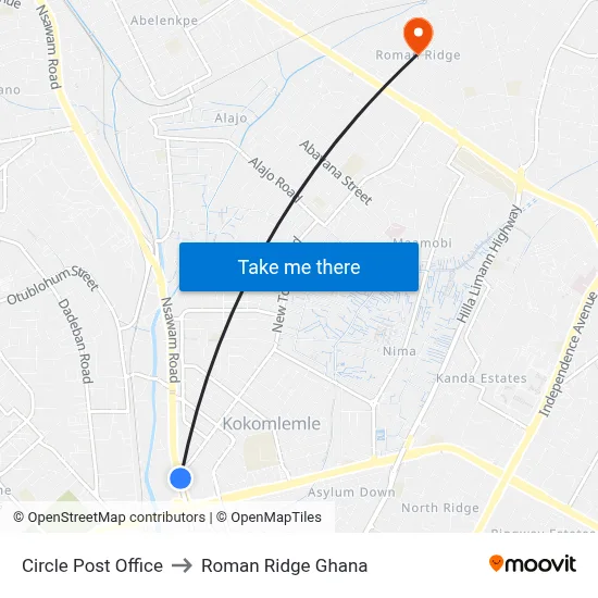 Circle Post Office to Roman Ridge Ghana map