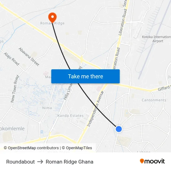 Roundabout to Roman Ridge Ghana map