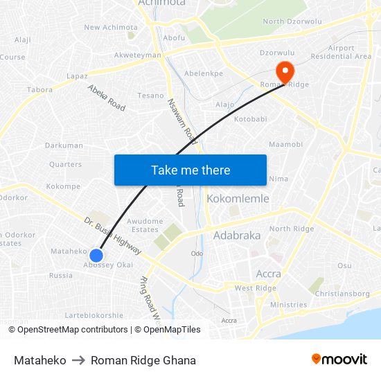 Mataheko to Roman Ridge Ghana map