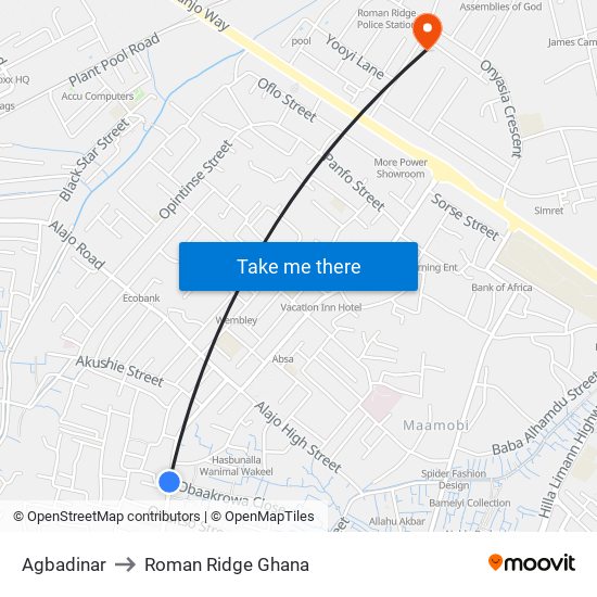 Agbadinar to Roman Ridge Ghana map