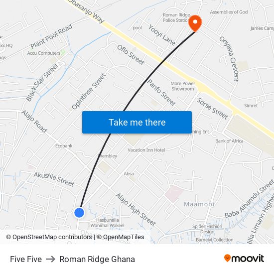 Five Five to Roman Ridge Ghana map