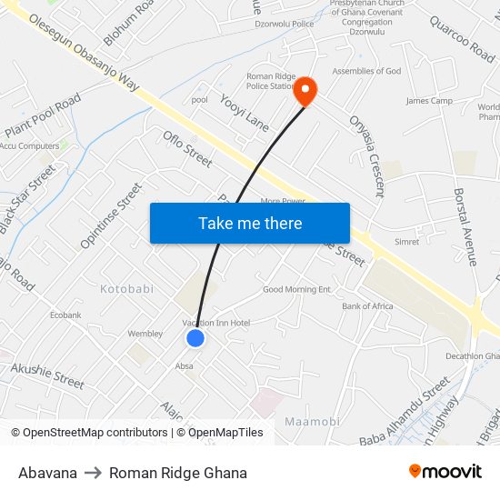 Abavana to Roman Ridge Ghana map