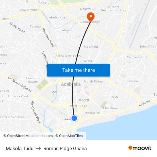 Makola Tudu to Roman Ridge Ghana map