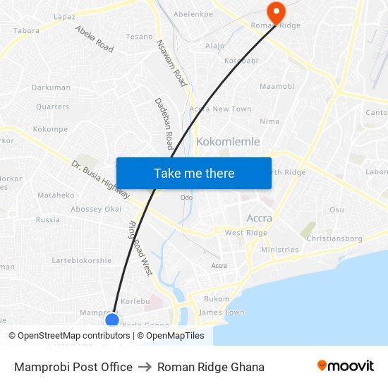 Mamprobi Post Office to Roman Ridge Ghana map