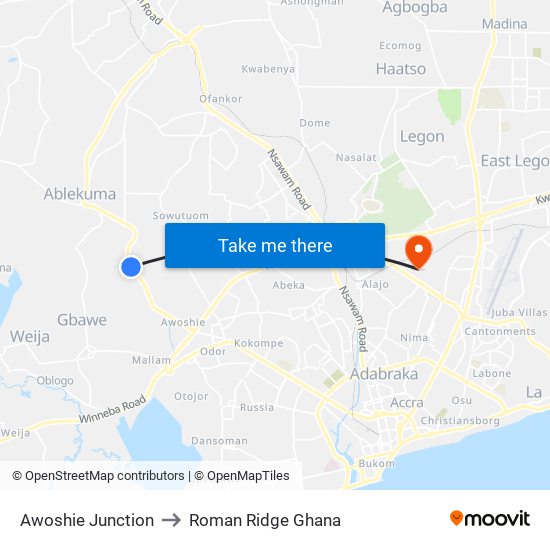 Awoshie Junction to Roman Ridge Ghana map