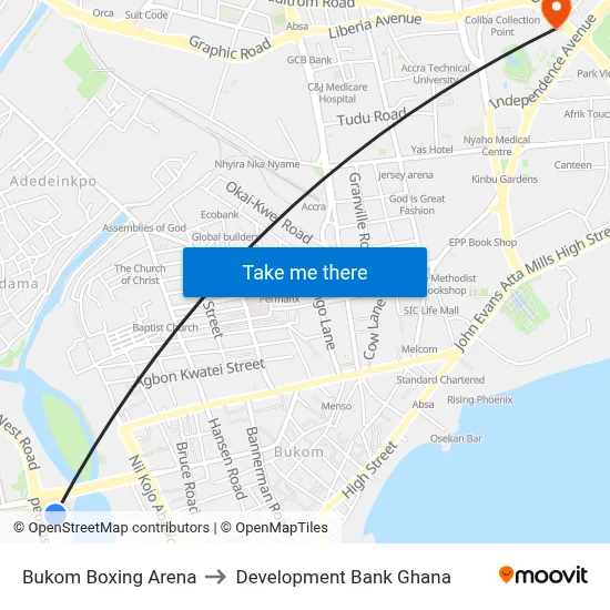 Bukom Boxing Arena to Development Bank Ghana map