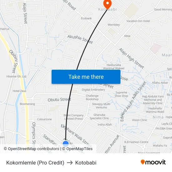 Kokomlemle (Pro Credit) to Kotobabi map