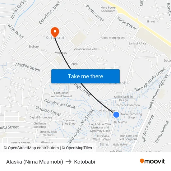 Alaska (Nima Maamobi) to Kotobabi map