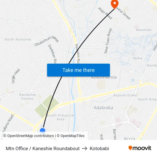 Mtn Office / Kaneshie Roundabout to Kotobabi map