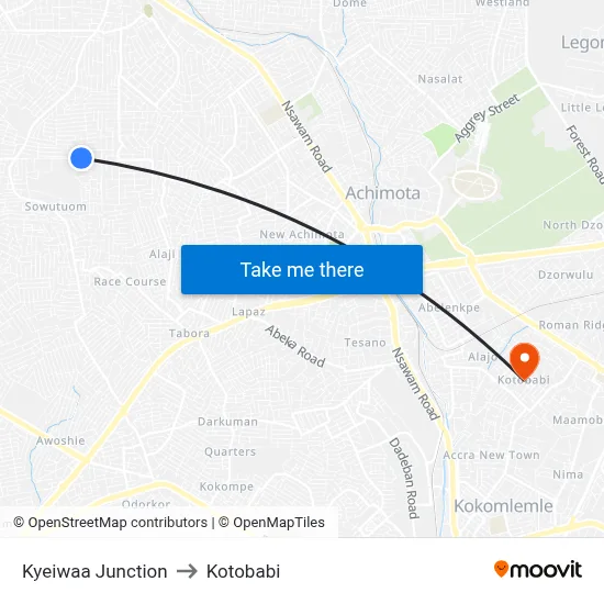 Kyeiwaa Junction to Kotobabi map