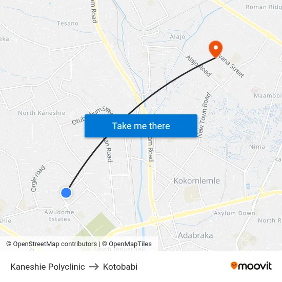 Kaneshie Polyclinic to Kotobabi map