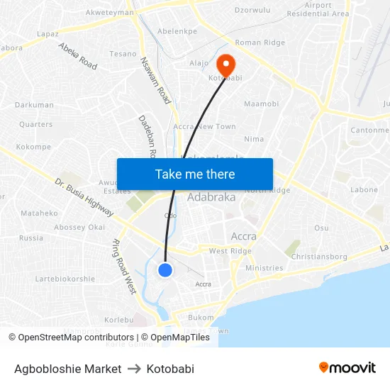 Agbobloshie Market to Kotobabi map