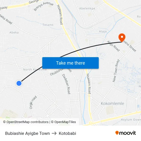 Bubiashie Ayigbe Town to Kotobabi map
