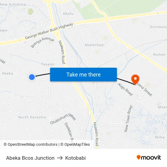 Abeka Bcos Junction to Kotobabi map