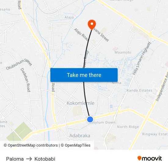 Paloma to Kotobabi map