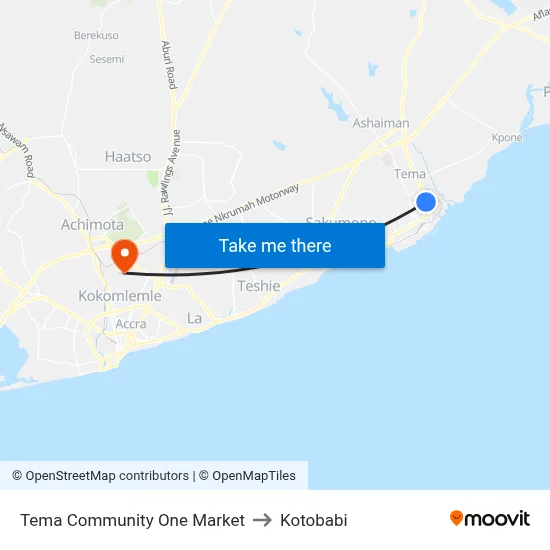 Tema Community One Market to Kotobabi map