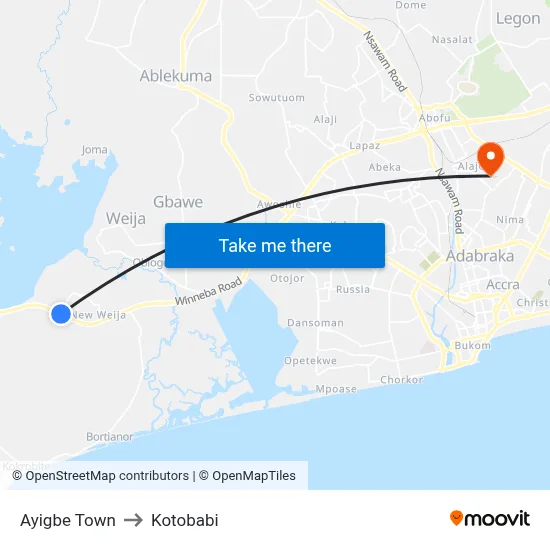 Ayigbe Town to Kotobabi map