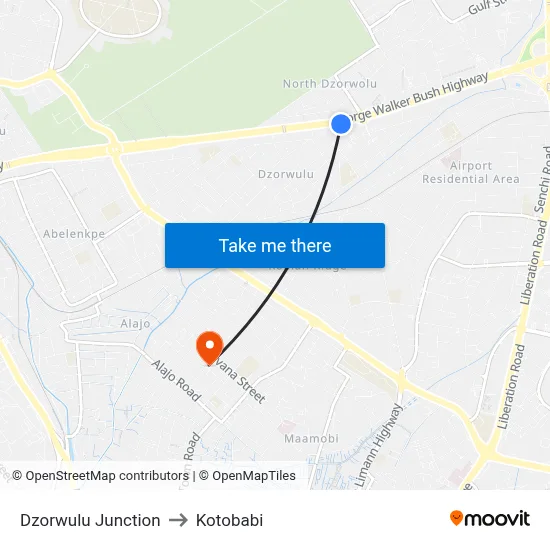 Dzorwulu Junction to Kotobabi map