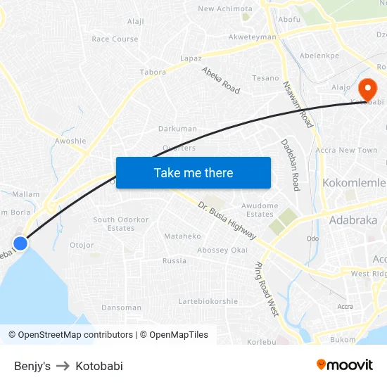 Benjy's to Kotobabi map