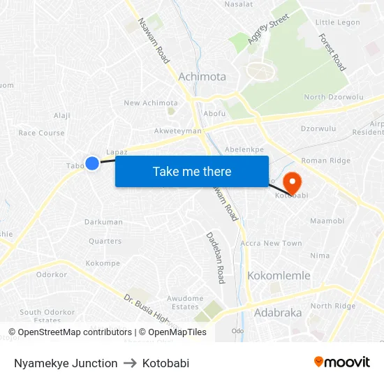 Nyamekye Junction to Kotobabi map