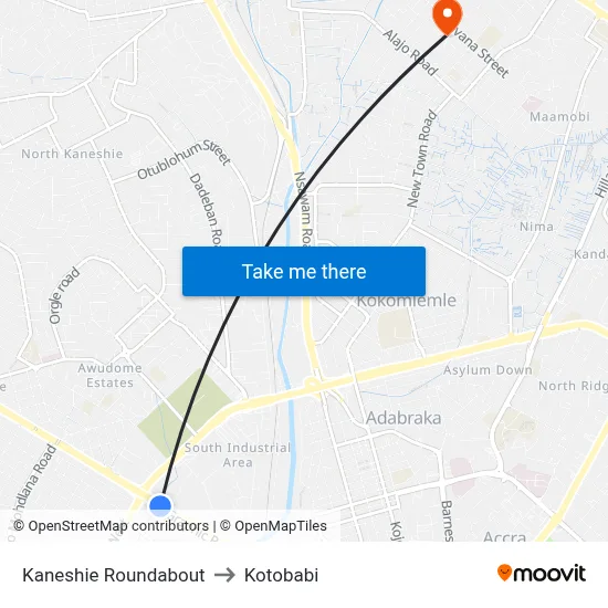 Kaneshie Roundabout to Kotobabi map