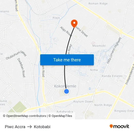 Piwc Accra to Kotobabi map