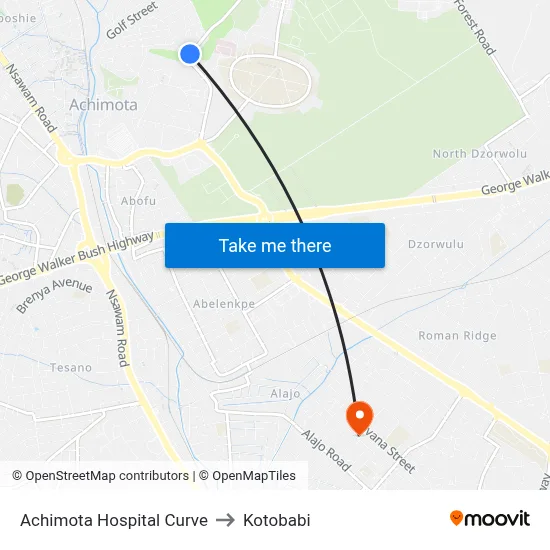 Achimota Hospital Curve to Kotobabi map