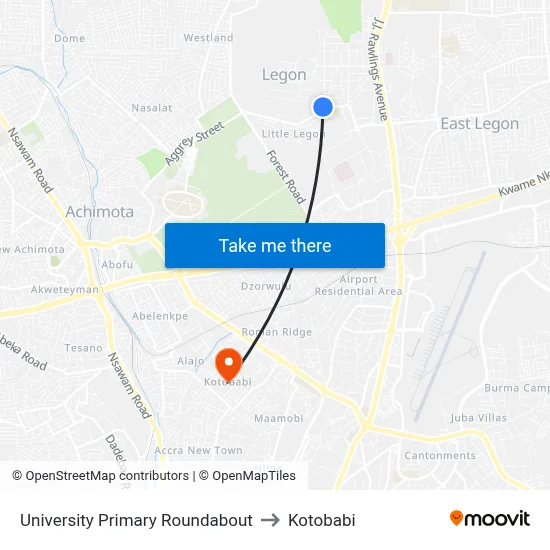 University Primary Roundabout to Kotobabi map
