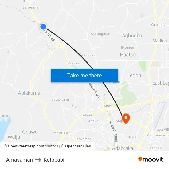 Amasaman to Kotobabi map