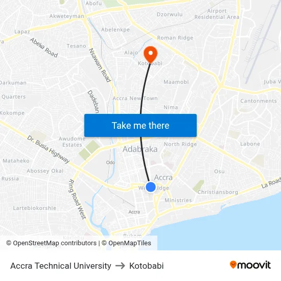 Accra Technical University to Kotobabi map