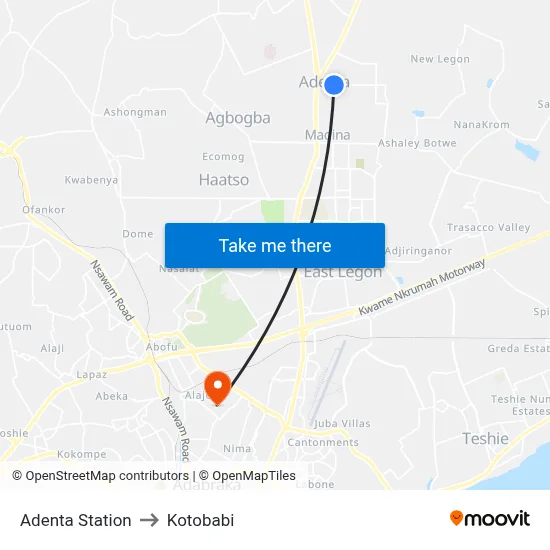 Adenta Station to Kotobabi map