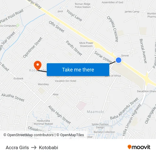 Accra Girls to Kotobabi map