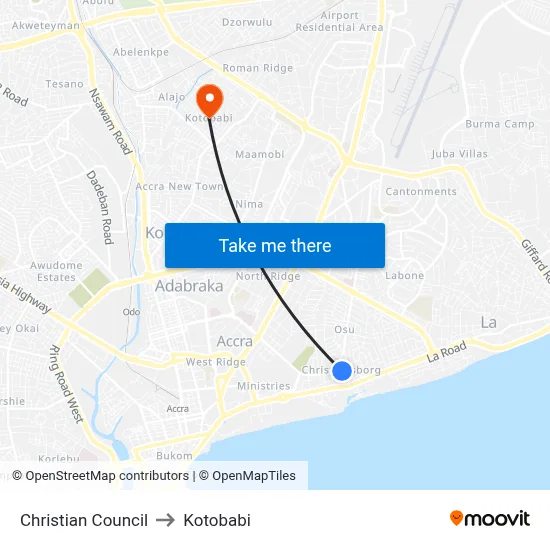 Christian Council to Kotobabi map