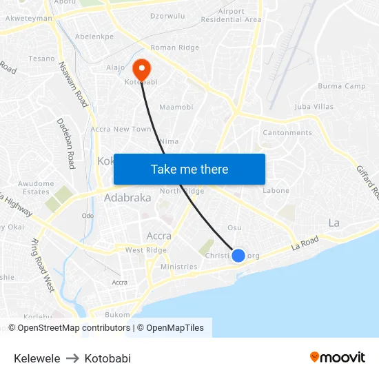 Kelewele to Kotobabi map