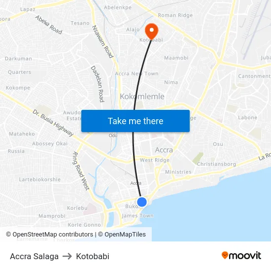 Accra Salaga to Kotobabi map