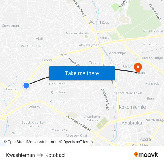 Kwashieman to Kotobabi map