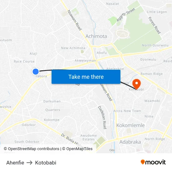 Ahenfie to Kotobabi map