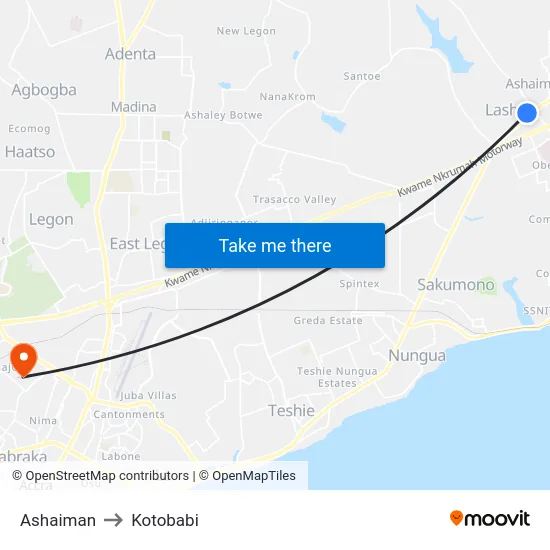 Ashaiman to Kotobabi map