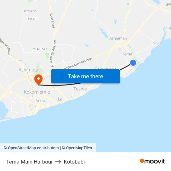 Tema Main Harbour to Kotobabi map