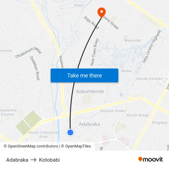Adabraka to Kotobabi map
