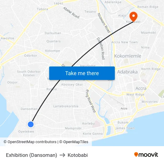 Exhibition (Dansoman) to Kotobabi map