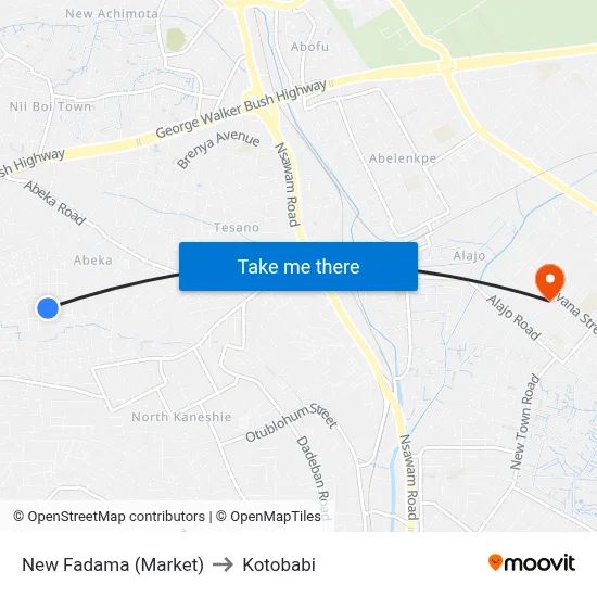 New Fadama (Market) to Kotobabi map